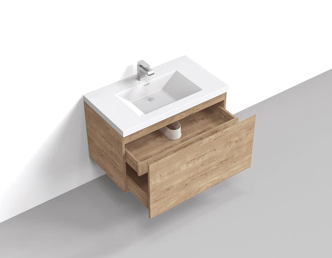 Castle White Oak Floating Vanity - Modern European Design with Quartz Countertop &amp; Innovative Storage