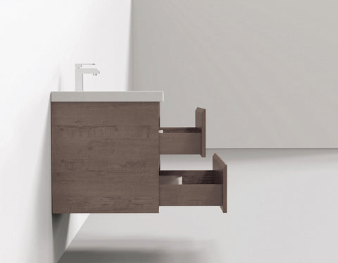 Villa Smoke Oak Double Drawer Floating Vanity with Quartz Countertop and Soft-Close Drawers, 18 3/4" Depth