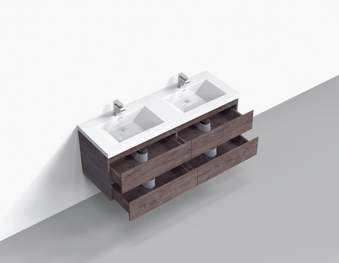 Villa Smoke Oak Double Drawer Floating Vanity with Quartz Countertop and Soft-Close Drawers, 18 3/4" Depth