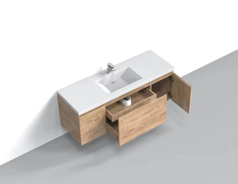 Castle White Oak Floating Vanity - Modern European Design with Quartz Countertop &amp; Innovative Storage