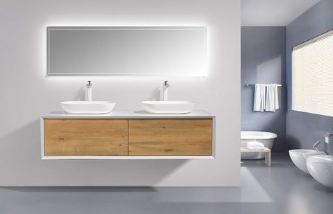 Ella Wall-Mounted Double Bathroom Vanity Set – Matte White, Push-Open Drawers, MDF Lacquered Countertop
