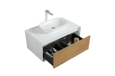 Ella Wall-Mounted Double Bathroom Vanity Set – Matte White, Push-Open Drawers, MDF Lacquered Countertop