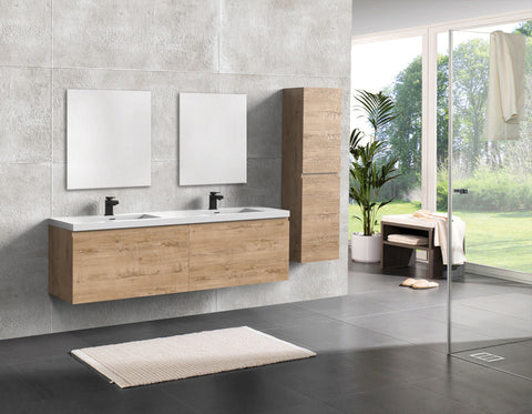 Castle White Oak Floating Vanity - Modern European Design with Quartz Countertop &amp; Innovative Storage