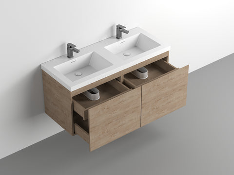 Castle White Oak Floating Vanity - Modern European Design with Quartz Countertop &amp; Innovative Storage