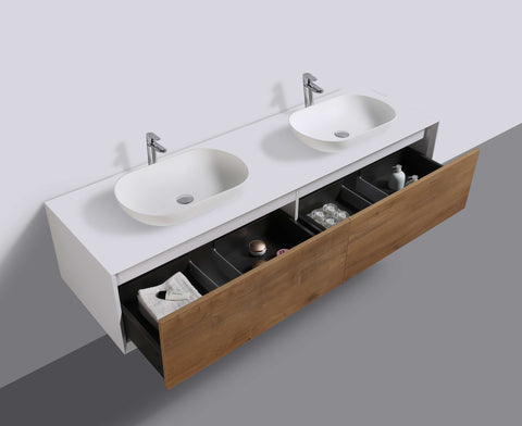 Ella Wall-Mounted Double Bathroom Vanity Set – Matte White, Push-Open Drawers, MDF Lacquered Countertop