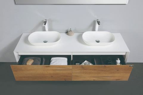 Ella Wall-Mounted Double Bathroom Vanity Set – Matte White, Push-Open Drawers, MDF Lacquered Countertop