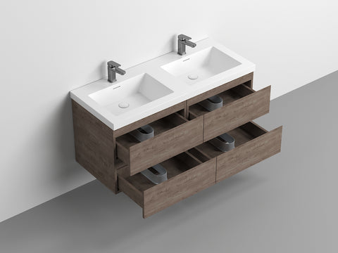 Villa Smoke Oak Double Drawer Floating Vanity with Quartz Countertop and Soft-Close Drawers, 18 3/4" Depth