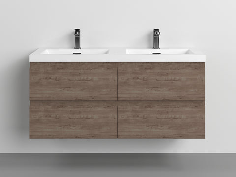 Villa Smoke Oak Double Drawer Floating Vanity with Quartz Countertop and Soft-Close Drawers, 18 3/4" Depth
